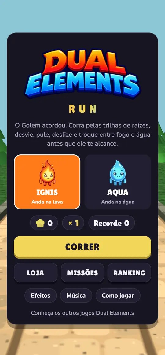 Menu do Run, com Ignis e Aqua para escolher